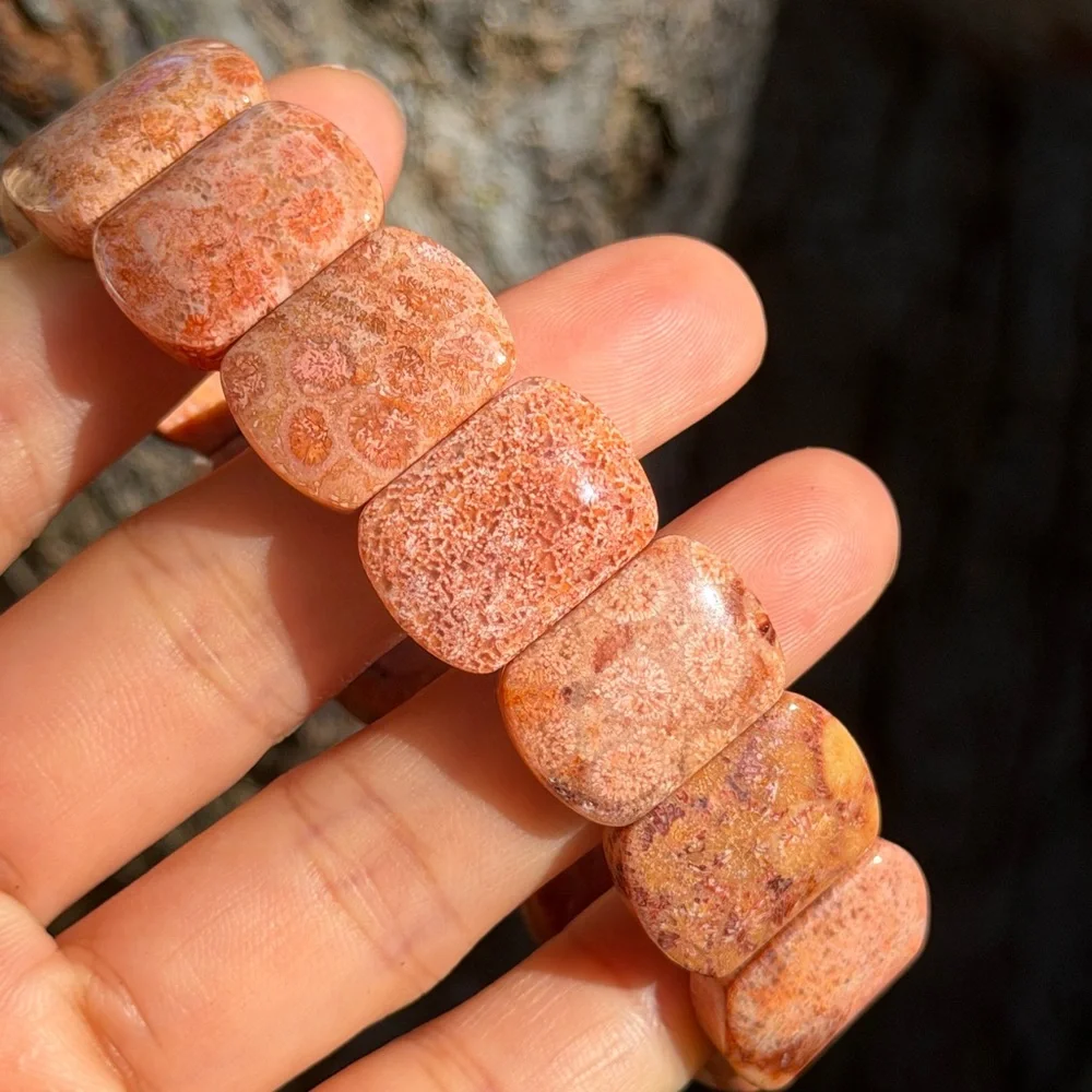 Stretchable red fossilized coral‎ soft bangle 0699